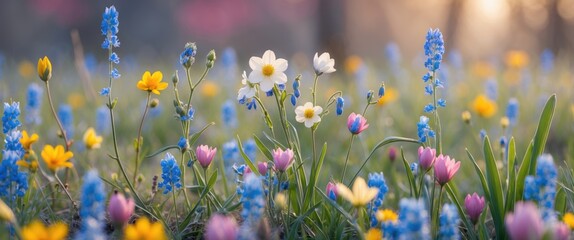 Wall Mural - Colorful Spring Wildflowers Blooming in Meadow with Soft Morning Light and Delicate Petals, Capturing the Essence of Nature's Beauty