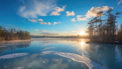 Wall Mural - Tranquil Winter Morning Landscape with Sunset Reflections on a Frozen Lake and Scenic Blue Sky with Soft Clouds