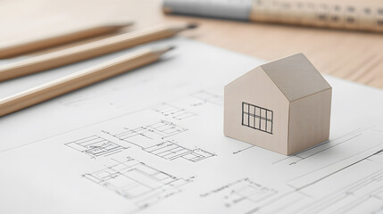 Fototapete - Model house on architectural plans with pencils in a workspace