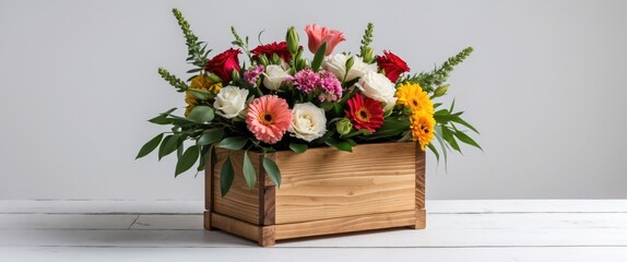 Sticker - Beautifully Arranged Colorful Flowers in Rustic Wooden Box Isolated on White Background for Floral Decoration and Design Purposes