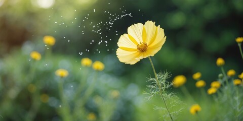 Wall Mural - Yellow Cosmos Flower in Lush Garden Setting with Soft Focus and Empty Space for Text Overlay