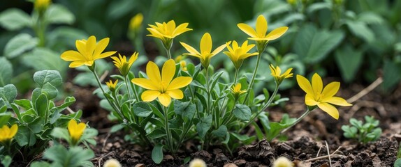 Poster - Bright yellow flowers of common purslane bloom in a lush garden setting, showcasing vibrant petals and green foliage in harmony.