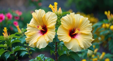 Canvas Print - Beautiful Yellow Hibiscus Flowers in Full Bloom Showcasing Vibrant Petals Against Lush Green Garden Background