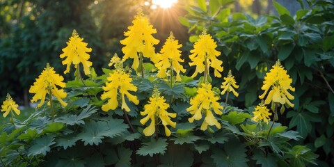 Wall Mural - Bright Yellow Jungle Geranium Blooms Surrounded by Lush Green Foliage with Soft Morning Sunlight and Space for Text in a Garden Setting