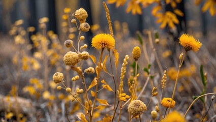 Wall Mural - Autumn Scene of Yellowed Dried Plants and Flowers in Nature Capturing the Essence of Fall Foliage and Seasonal Change