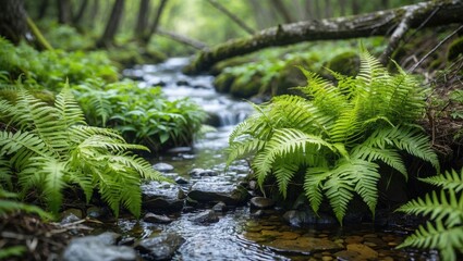 Wall Mural - Lush Green Ferns Along a Tranquil Stream in a Forest During Springtime