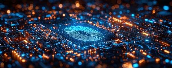 Wall Mural - digital fingerprint illustration on futuristic glowing electronic circuitry background