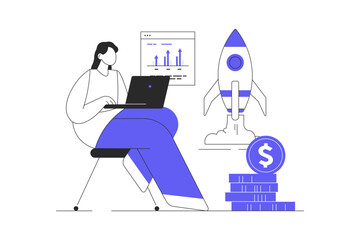 Wall Mural - startup business concept. woman launching rocket, starting new project. flat cartoon vector illustra