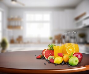 Poster - Blurred kitchen and fresh fruit and vegetables