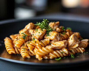 Wall Mural - A close-up view of a delicious plate of fusilli pasta with grilled chicken pieces, topped with fresh parsley, showcasing a hearty and savory meal.