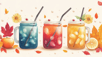 Wall Mural - Bubble tea, coffee and cocktail drink with straw and splashes in glass jar. Cartoon vector illustration set of cold or hot beverage with vanilla flowers, orange and autumn leaf, cream foam and pearls.