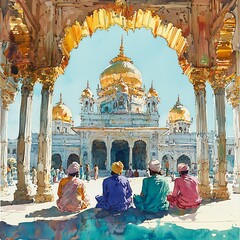 Wall Mural - Watercolor Painting of Devotees Sitting Before a Golden Dome Temple in India.