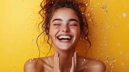 Beautiful woman smiling under refreshing water droplets against yellow background