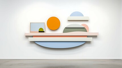 Wall Mural - a colorful abstract wall installation featuring geometric shapes in various pastel tones, creating a