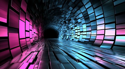 Wall Mural - a vibrant digital tunnel with glowing pink and blue rectangular panels, creating an abstract and fut