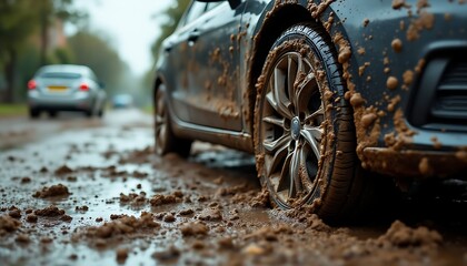 Wall Mural - Closeup of a car's wheel with mud while driving through a flooded area on muddy street