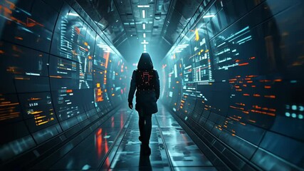 Wall Mural - futuristic scene with silhouette in neon-lit technological corridor