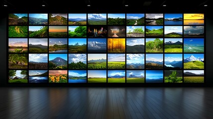 Wall Mural - A wall of multiple screens displays various stunning landscapes and nature scenes, showcasing diverse environments and vibrant colors.