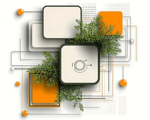 Wall Mural - a modern abstract design featuring geometric shapes, greenery, and a vibrant color palette, creating