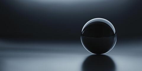 Poster - sleek black sphere on dark, reflective surface with soft lighting
