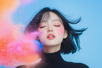 Aufkleber - woman with closed eyes and colorful powder splash on her face