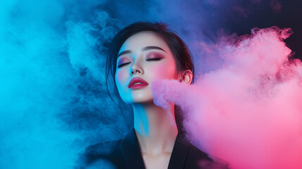Aufkleber - woman with vibrant makeup is surrounded by colorful smoke, creating dynamic and artistic atmosphere