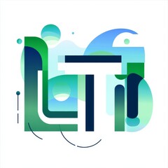 Aufkleber - Abstract Letter Design with Geometric Shapes and Overlapping Layers in Cool Blue and Green Hues.