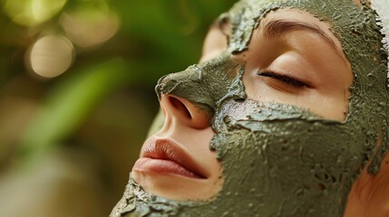 Wall Mural - A woman lying on her back with a facial mask applied.