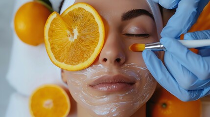 Wall Mural - A woman is getting a facial treatment with orange slices on her face.