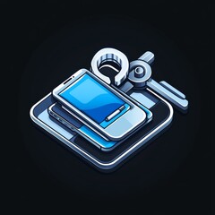 Leinwandbilder - Stylized Isometric Tech Stack: Mobile Phone, Tablet, Stylus, and Earbuds on Dark Backdrop 