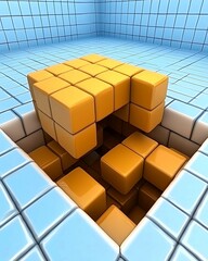 Wall Mural - a vibrant 3d composition featuring orange blocks arranged over a blue tiled surface, with some block