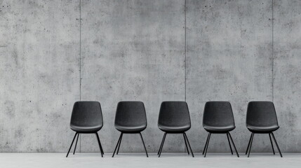 Poster - Modern minimalist interior with five sleek black chairs against wall