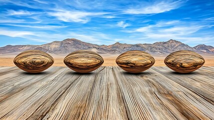Wall Mural - Four textured rock-like objects are lined up on a weathered wooden surface, set against a backdrop of mountains and a blue sky. dynamic dimensions space illusion
