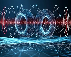 Wall Mural - abstract digital representation of sound waves with circular patterns and glowing lines on a dark ba