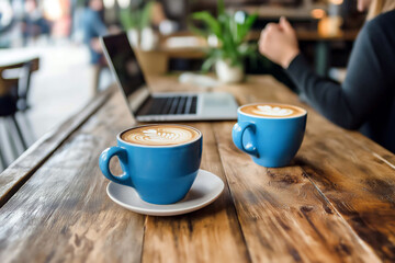 A cozy coffee shop setting with two vibrant blue cups of cappuccino on a rustic wooden table, accompanied by a laptop, suggesting a casual work or brainstorming session.