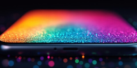Fototapete - Vibrant Rainbow Glitter on Smartphone Display with Soft Bokeh Lights