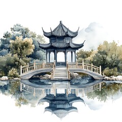 Wall Mural - Serene Chinese Pavilion Reflected in Calm Water Watercolor Painting.