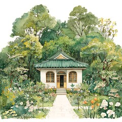 Wall Mural - Serene Watercolor Painting of a Traditional Asian House Nestled in a Lush Garden.