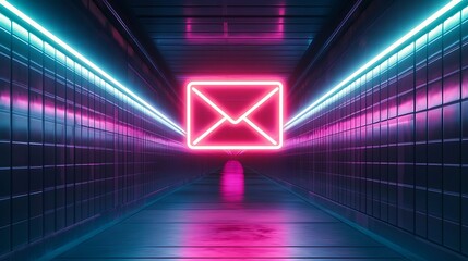 Canvas Print - Glowing neon email symbol in futuristic corridor.