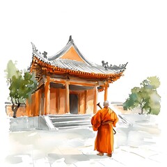 Wall Mural - Serene Monk at a Chinese Temple Watercolor Painting.