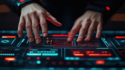 Poster - Hands Engaging with Futuristic Digital Interface Technology