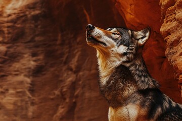 a wolf stands near a rocky outcropping, ready to pounce or explore