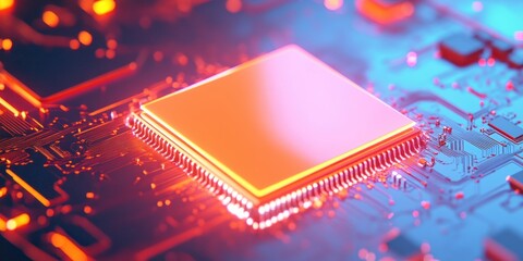 Leinwandbilder - Futuristic Microchip on Circuit Board with Vibrant Neon Glow