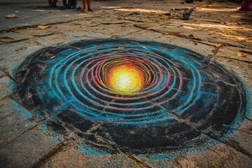 Wall Mural - A colorful spiral design drawn with chalk on the ground, suitable for use in illustrations, designs, and decorations