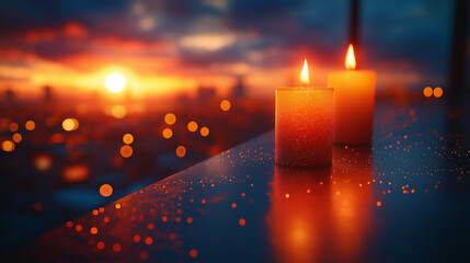 Two flickering candles sit gracefully on a table, illuminating the surroundings with a soft glow while the sun sets behind a vibrant cityscape, creating a serene ambiance filled with wonder