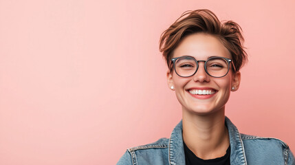 Poster - Portrait of happy modern young woman smiles with glasses, short hair, on pink studio background