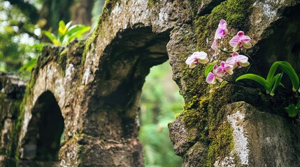 Wall Mural - A small plant sprouts from a hole in a rock, surrounded by natural stone