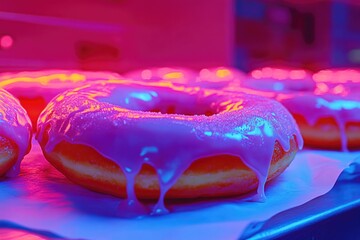 Wall Mural - A close-up shot of a doughnut with colorful icing on a table