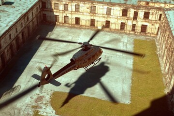 Wall Mural - A helicopter flies above a modern building, perfect for urban or cityscape scenes