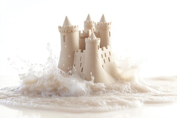 Wall Mural - a sandy fortress stands tall on a sunny beach, surrounded by waves and foamy water